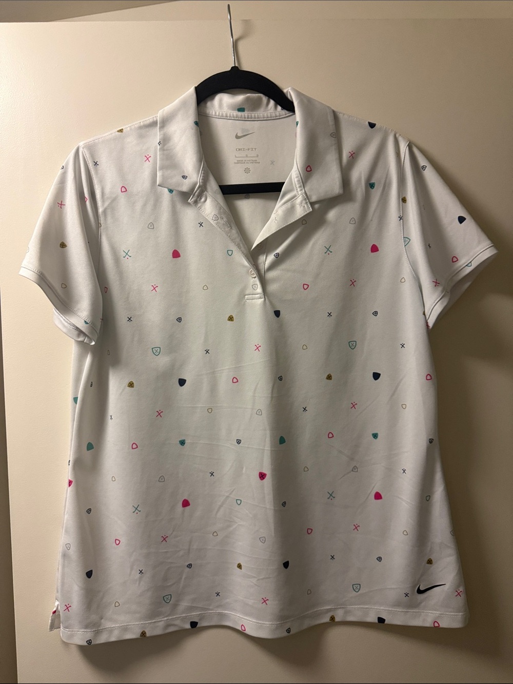 Nike White Short-Sleeve Button Polo with Multicolor Micro Shapes